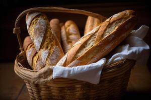 cuit pain baguettes dans une panier, fait maison pain génératif ai. photo