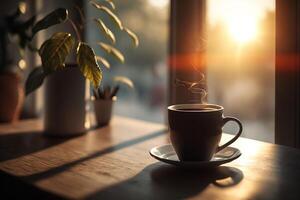 ensoleillé chaud Matin avec une tasse de café illustration génératif ai photo