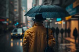 pluvieux temps, une homme avec un parapluie des promenades vers le bas le rue illustration génératif ai photo