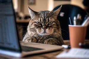 chat pigiste travail sur une portable génératif ai photo