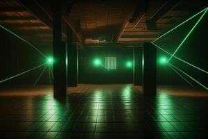 vert lasers sur un vide Danse sol dans une boîte de nuit, illustration génératif ai photo