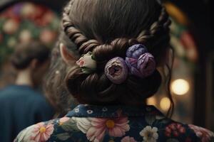 fleurs dans le cheveux de une magnifique fille génératif ai photo