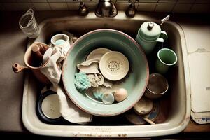 sale vaisselle dans le cuisine évier illustration génératif ai photo