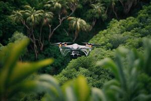 drone en volant parmi le des arbres dans le vert jungle illustration génératif ai photo