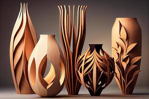 Fait main élégant en bois vases, artisanat art dans bois illustration génératif ai photo