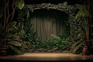 vide scène pour La publicité avec vert tropical jungle feuilles génératif ai photo