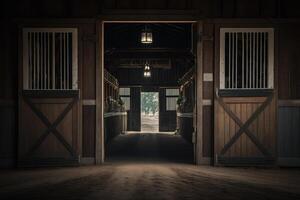 cheval stable, décrochage pour les chevaux dans en bois maison génératif ai photo