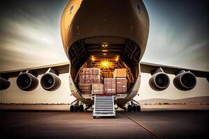 cargaison avion décharge conteneurs avec des boites, air cargaison illustration génératif ai photo