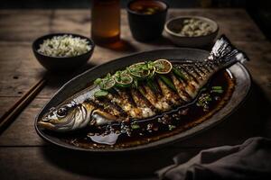 grillé poisson avec Ail et soja sauce illustration génératif ai photo