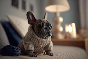 Accueil animal de compagnie français bouledogue dans vêtements repos sur le lit génératif ai photo