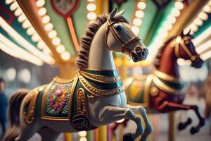 enfants cheval nuit carrousel, Extérieur attraction dans cirque génératif ai photo