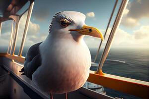 mer mouette oiseau sur le balustrade de le navire arrière illustration génératif ai photo