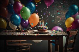 fête fête anniversaire gâteau avec coloré des ballons génératif ai photo