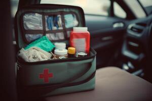 voiture premier aide trousse, valise avec médical Provisions illustration génératif ai photo