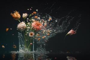 fleurs en dessous de eau, fleur éclaboussures dans foncé illustration génératif ai photo