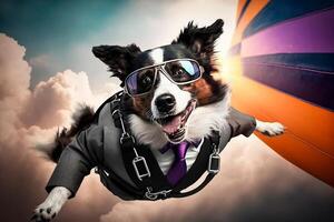 chien avec des lunettes parachute sauter dans le ciel illustration génératif ai photo