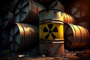 Jaune barils avec toxique radioactif déchets, illustration génératif ai photo