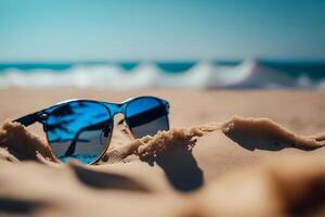 bleu des lunettes de soleil sur le le sable de le plage par le mer, été vacances génératif ai photo