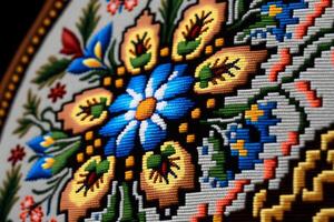 ukrainien vyshyvanka, Fait main broderie sur tissus avec coloré motifs génératif ai photo