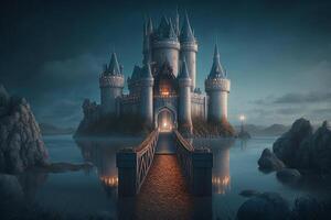 nuit mystique Château avec tours sur le rivière rive génératif ai photo