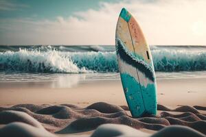 planche de surf collage en dehors dans le le sable sur le plage génératif ai photo