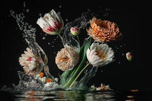 fleurs en dessous de eau, fleur éclaboussures dans foncé illustration génératif ai photo