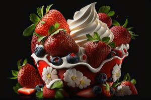 des fraises avec crème dans une verre tasse illustration génératif ai photo