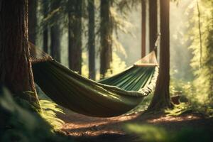 hamac pour Extérieur des loisirs entre des arbres dans le forêt génératif ai photo