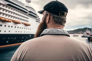 une homme sur le rive contre le toile de fond de une mer croisière doublure illustration génératif ai photo