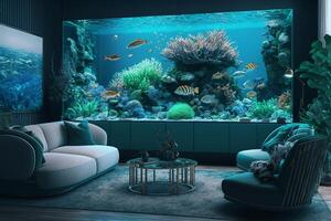 une vivant pièce rempli avec meubles et une grand aquarium, génératif ai photo