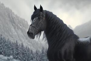 une noir cheval permanent dans de face de une neigeux montagne, génératif ai photo