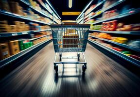 supermarché épicerie achats Chariot flou Contexte - ai généré image photo