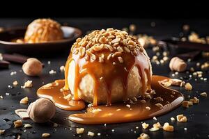 la glace crème avec caramel sauce sur foncé gris tableau. vanille la glace crème Balle avec caramel sirop. génératif ai. photo