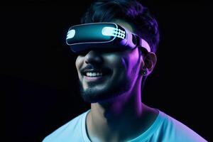 une homme portant une virtuel réalité casque photo