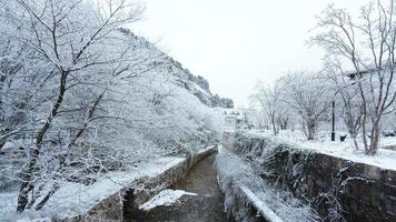 le magnifique congelé montagnes vue couvert par le blanc neige et la glace dans hiver photo