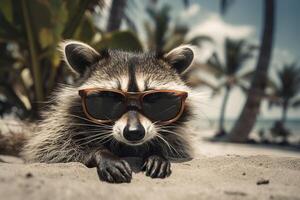 raton laveur sur le plage avec des lunettes de soleil. génératif ai. photo