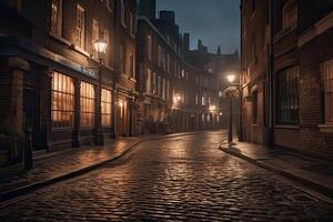 nuit ville vue traditionnel Charpente encadré bâtiments sur tous les deux côtés de pavé rue dans vieux ville. génératif ai. photo