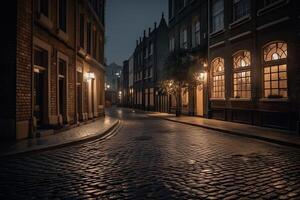 nuit ville vue traditionnel Charpente encadré bâtiments sur tous les deux côtés de pavé rue dans vieux ville. génératif ai. photo