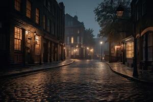 nuit ville vue traditionnel Charpente encadré bâtiments sur tous les deux côtés de pavé rue dans vieux ville. génératif ai. photo