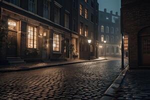 nuit ville vue traditionnel Charpente encadré bâtiments sur tous les deux côtés de pavé rue dans vieux ville. génératif ai. photo