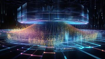 futuriste La technologie pour En traitement information une analyse et tri gros données, deux gros bases de données, partage et structurant information dans numérique espace, génératif ai. photo