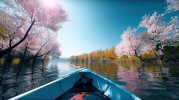 touristes aviron bateaux sur une Lac en dessous de magnifique Cerise fleur des arbres. génératif ai. photo