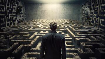 vue arrière le homme d'affaire en marchant vers à béton Labyrinthe. homme d'affaire dans de face de une vaste Labyrinthe. affaires et la vie concept. génératif ai. photo