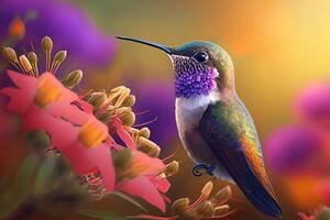 ai généré colibri nul nectar de fleur dans le Matin. proche en haut. photo