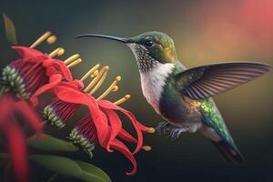 ai généré colibri nul nectar de fleur dans le Matin. proche en haut. photo
