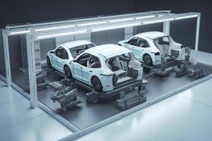 automatisation voiture usine concept avec 3d le rendu robot Assemblée ligne avec électrique voiture batterie cellules module sur Plate-forme photo