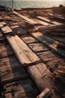 vieux en bois jetée sur le plage à le coucher du soleil. sélectif concentrer photo