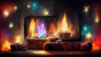 illustration cheminée avec Fée lumières et cadeaux pour Noël photo