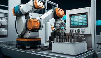 industriel machine robot, intelligent moderne usine automatisation en utilisant Avancée Machines, industriel 4.0 fabrication processus, génératif ai photo
