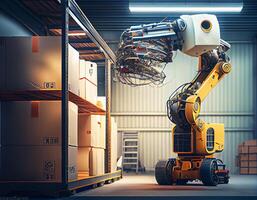 robot dessin animé style centre de la logistique stockage, robot bras avec boîte travail dans le Matériel industriel.génératif ai photo